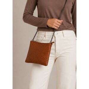 Falor Italia Woven Leather Crossbody Bag Cognac Brown Made in Italy Chain Strap
